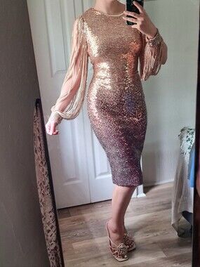 Sequin Midi Dress with Fringe Long Sleeves - Rose Gold